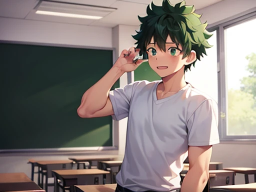 (best quality) izuku midoriya, one anime boy, wearing green briefs, standing in a classroom with his hands behind his head
