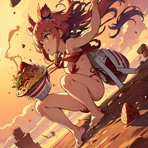 Half-naked girl covered in jumping strawberry parfait ramen、Severely torn clothes are scattered、Unstable buoyancy sandstorm、Amazing dynamism、Amazing Angle