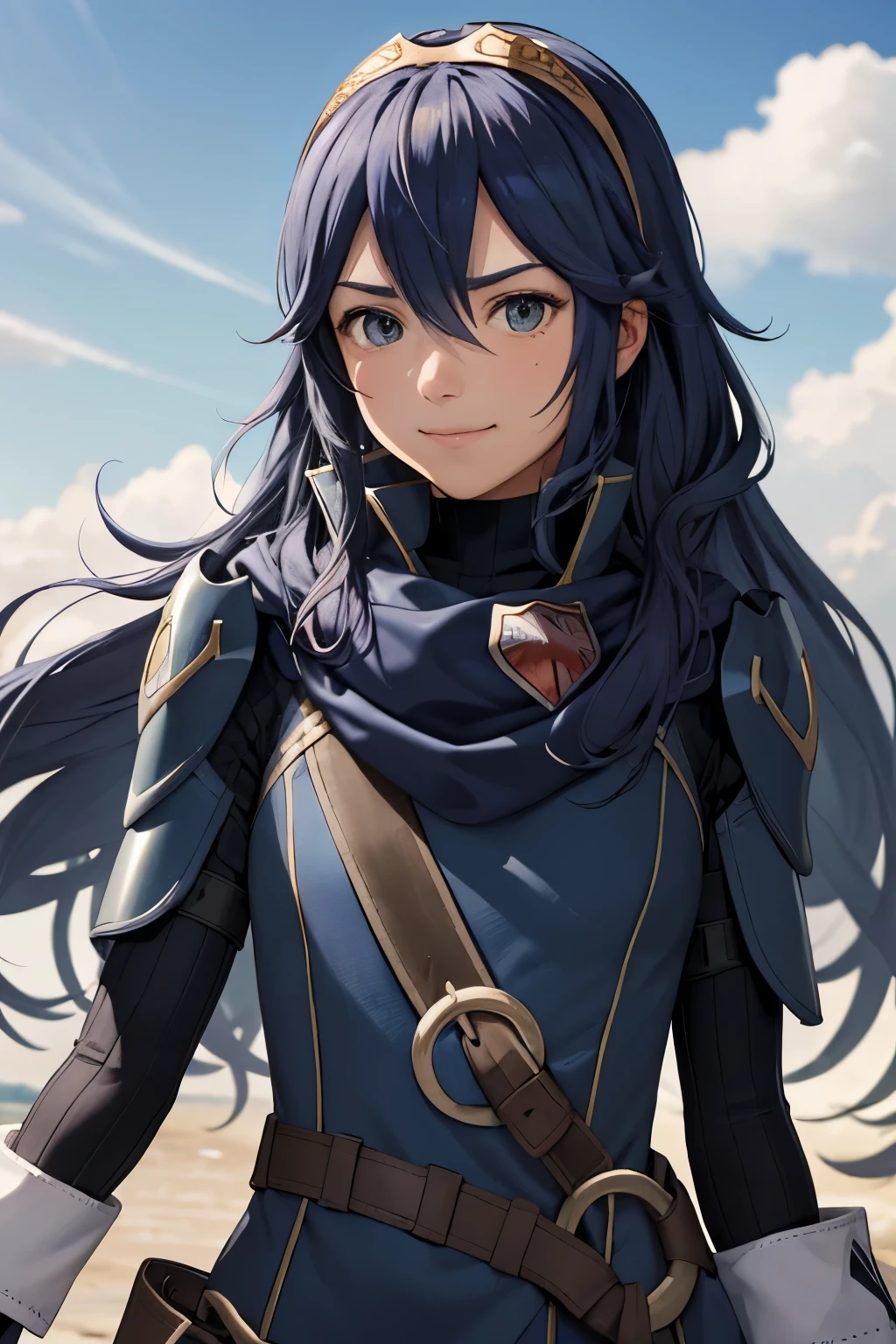 masterpiece, best quality, defLucy, tiara, blue scarf, blue coat, shoulder armor, long sleeves, cuffs, belt, fingerless gloves, upper body, looking at viewer, furrowed brow, blue sky, clouds, furrowed brow, smile