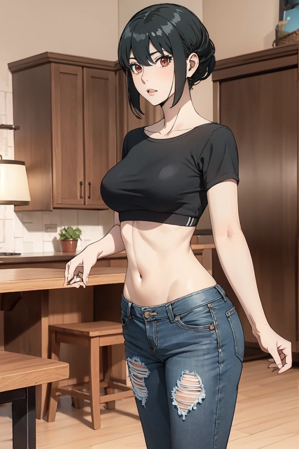 best quality, 1girl, masterpiece ultra detailed, illustration, yang guifei, glossy lips, blush, short hair, light smile, midriff, sport bra, jeans