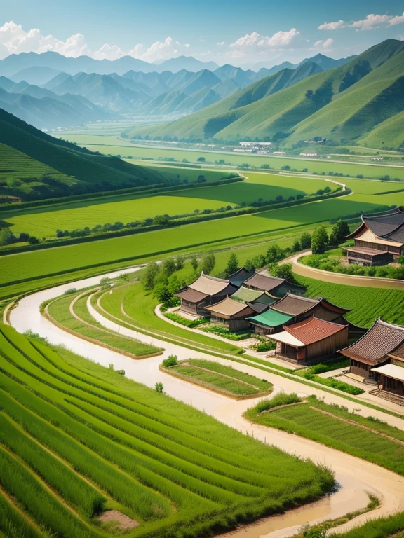 Chinese countryside scenery in spring,There are green mountains and green water,There are rows of houses,there are many willow trees,There are blooming peach blossomull of life