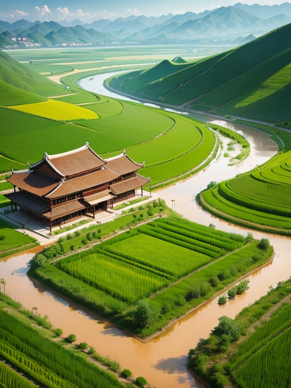 Chinese countryside scenery in spring,There are green mountains and green water,There are rows of houses,there are many willow trees,There are blooming peach blossomull of life