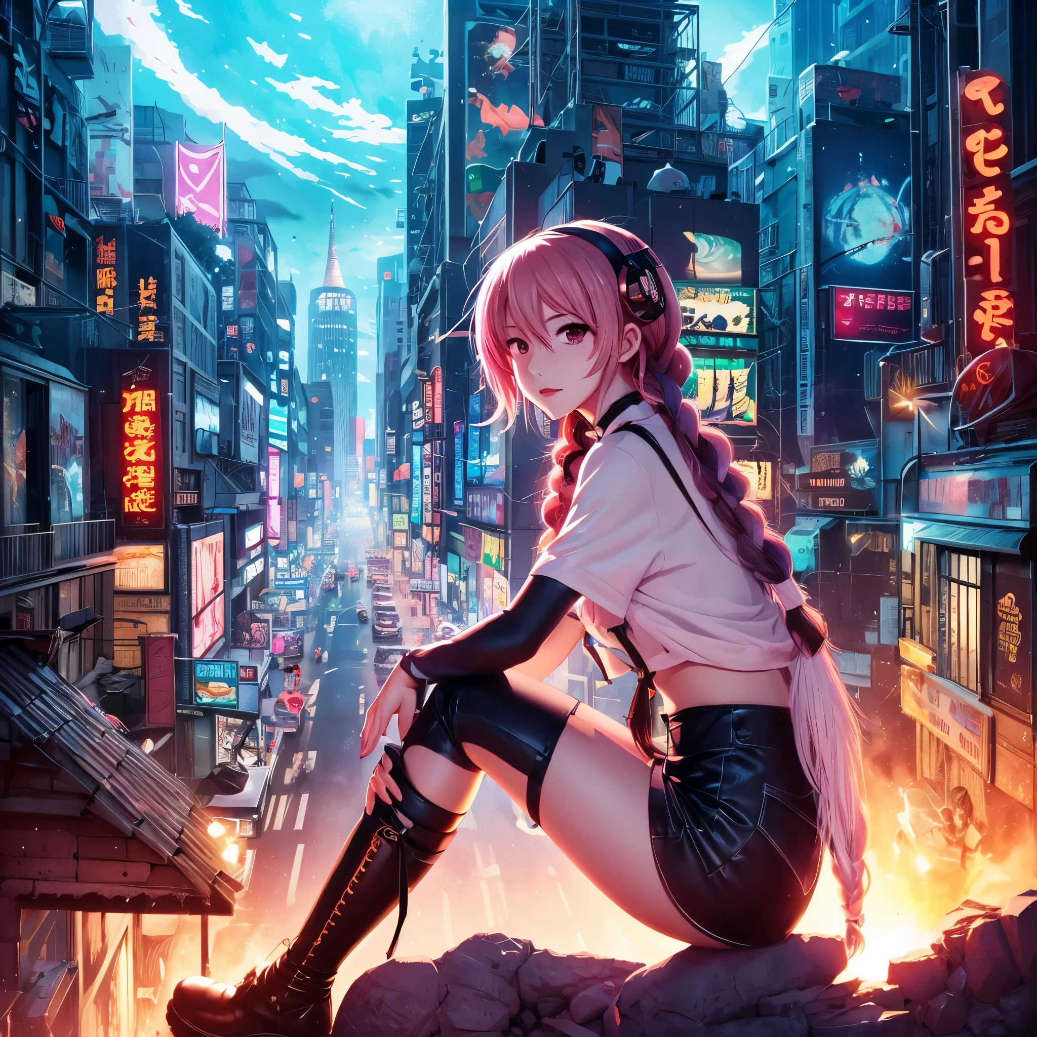 High resolution, Best Quality, masutepiece, very high image quality, Ultra-detailed, hyper realisitic,animesque, Illustrations, Fantasy, Hard Rock Girl, Very beautiful cute, Pink wavy hair, Side braid, Miniskirt, knee high socks, Engineer Boots, Background Cyberpunk City Galaxy