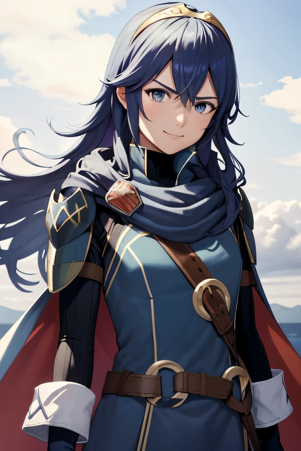 masterpiece, best quality, defLucy, tiara, blue scarf, blue coat, shoulder armor, long sleeves, cuffs, belt, fingerless gloves, upper body, looking at viewer, furrowed brow, blue sky, clouds, furrowed brow, smile