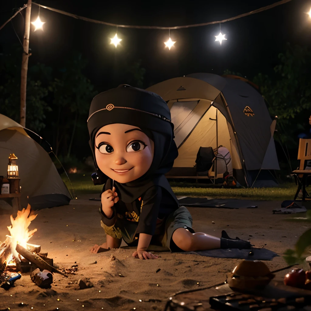 /image karikatur kekasih muslim, Kepala dibesarin dari badannya, latar belakang malam hari, camping, 3D pixar