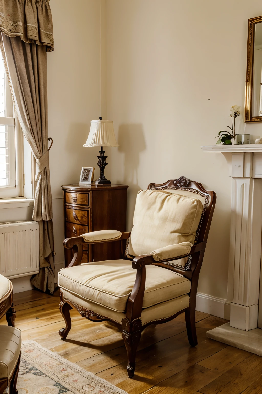 Old style armchair near the table in beauty classical room.