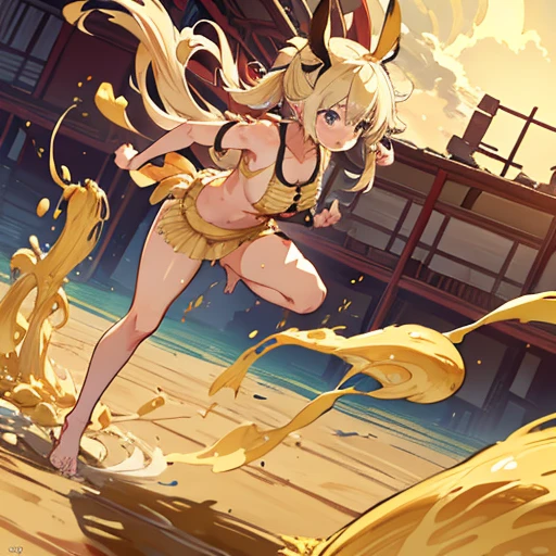 Half-naked girl covered in running banana parfait ramen、Severely torn clothes are scattered、Unstable buoyancy sandstorm、Amazing dynamism、Amazing Angle