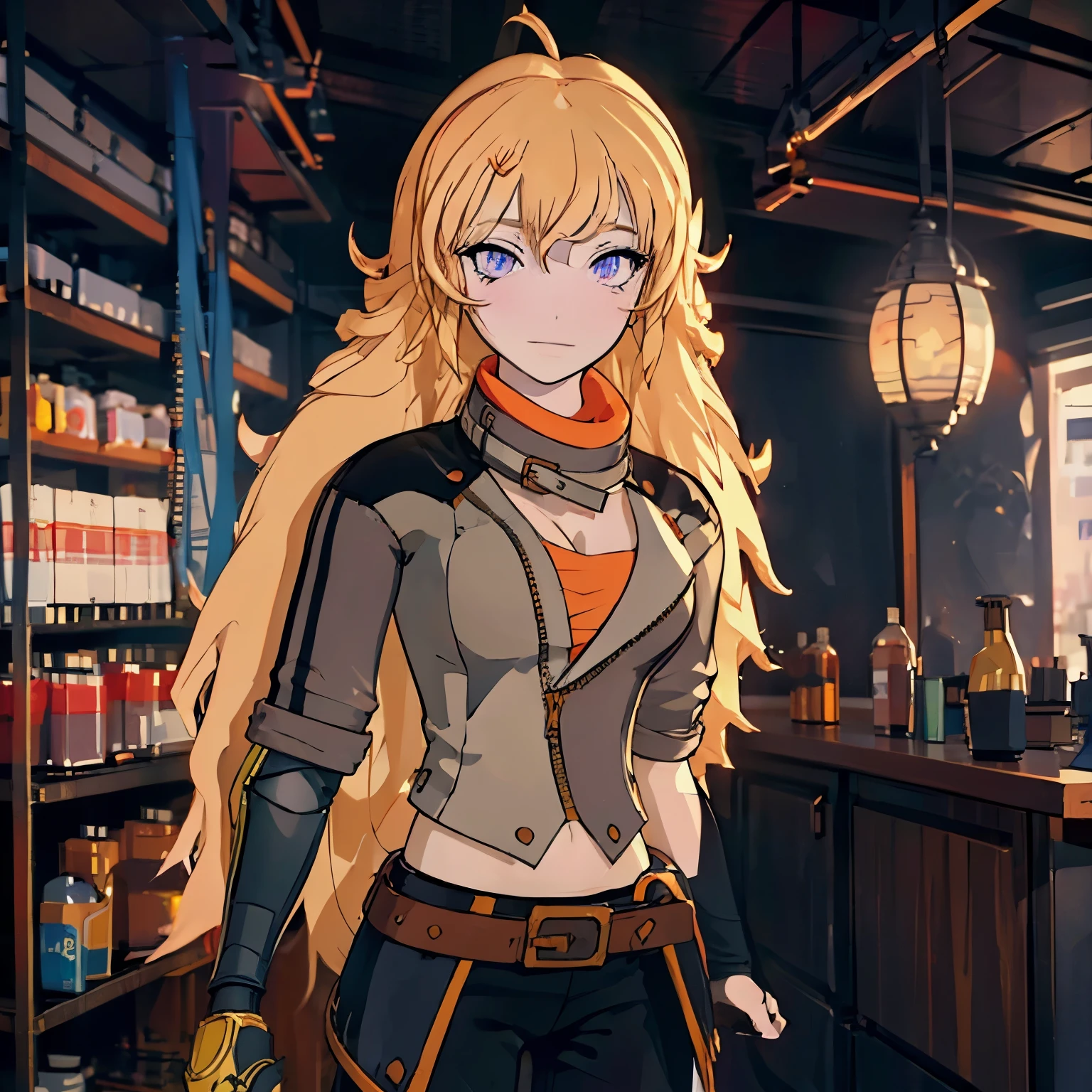 Yang Xiaolong, Yang Xiaolong, Long hair, Blonde hair, (Purple eyes:1.1), Ahoge, Bangs,Breaking cleavage, Jacket, Belt bag, mechanical arms, シングルmechanical arms, prosthesis, Left hand is a prosthetic hand,BREAK outdoors,BREAK looking at viewer, (Cowboy Shot:1.5),BREAK (masutepiece:1.2), Best Quality, High resolution, Unity 8k壁纸, (Illustration:0.8), (Beautiful detailed eyes:1.6), extra detailed face, Perfect Lighting, extremely details CG, (Perfect hands, Perfect Anatomy),Long pants