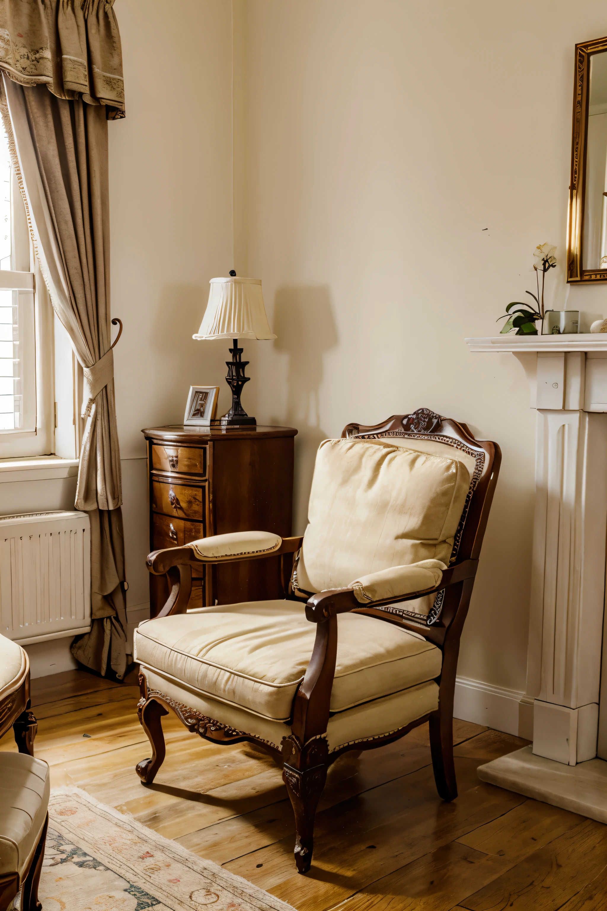 Old style armchair near the table in beauty classical room.