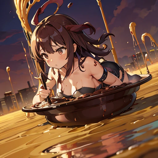 Rising half-naked girl covered in chocolate parfait ramen、Severely torn clothes are scattered、Unstable buoyancy sandstorm、Amazing dynamism、Amazing Angle