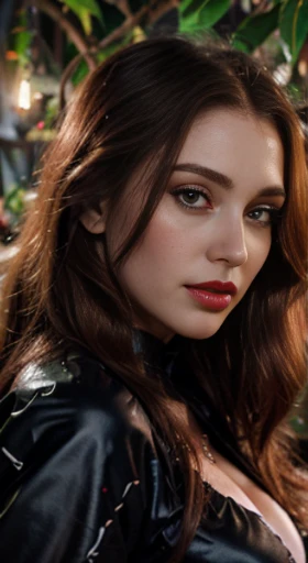 (best quality,ultra-detailed,photorealistic),young woman,beautiful eyes,detailed lips, pink lipstick, pensive expression, soft lighting,vibrant colors, long flowing Reddish hair, stylish vampire outfit, jungle background,colorful flowers, dark full moon night,serene atmosphere, hourglass figure, 4k details, erotic face,  full body pose,  shown vampire teeth