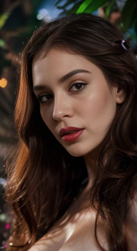 (best quality,ultra-detailed,photorealistic),young woman,beautiful eyes,detailed lips, pink lipstick, pensive expression, soft lighting,vibrant colors, long flowing Reddish hair, stylish vampire outfit, jungle background,colorful flowers, dark full moon night,serene atmosphere, hourglass figure, 4k details, erotic face, full body pose, shown vampire teeth