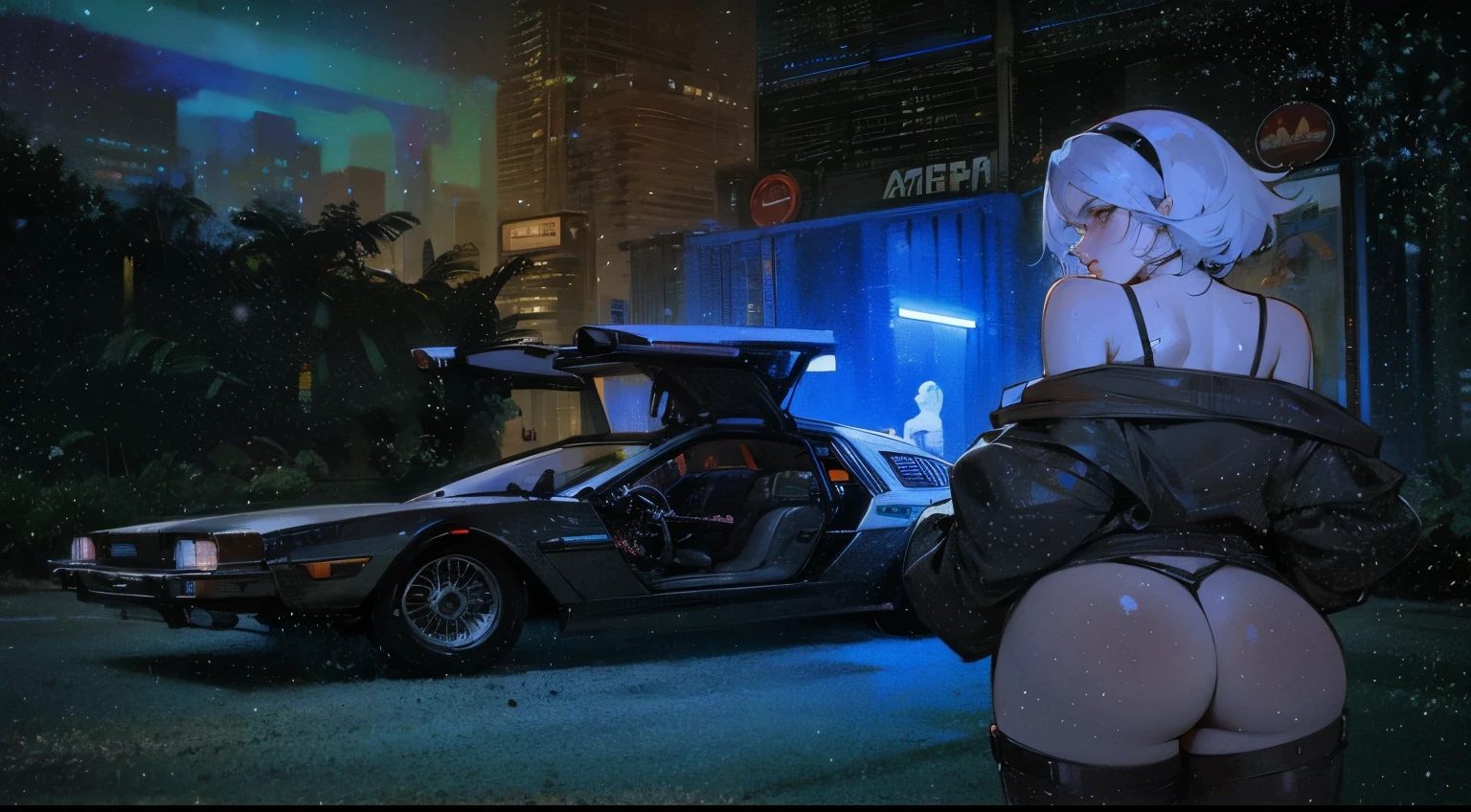 anime scene of a woman standing in front of a car with a broken hood, 8 0 s anime vibe, Anime cyberpunk moderno, art deco outrun anime aesthestic, Anime Arte cyberpunk, Obra maestra de Guweiz, arte de anime cyberpunk, Digital Cyberpunk - Arte Anime, modern sci-fi anime, digital arte de anime cyberpunk, Vibraciones de Blade Runner