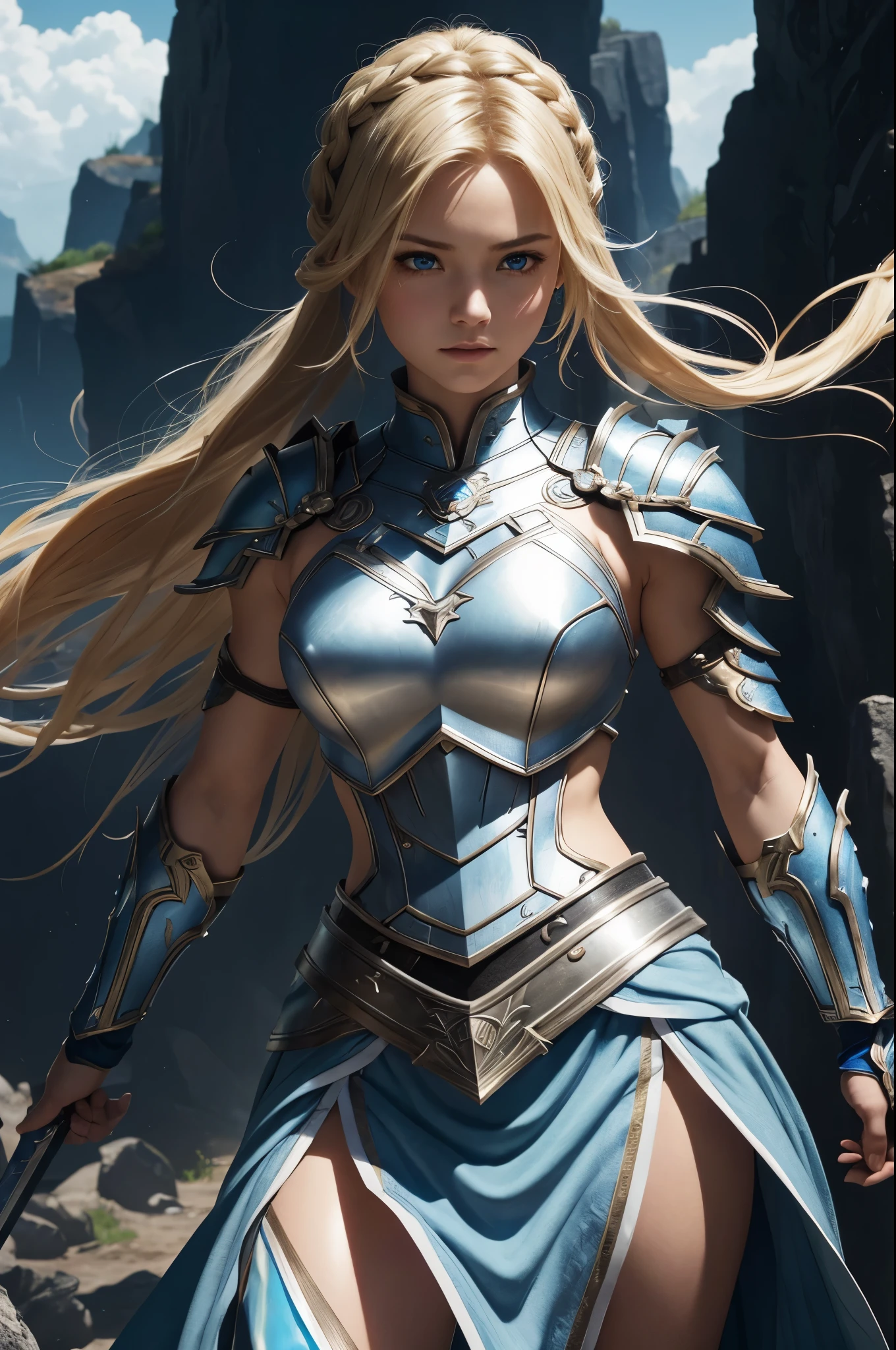 8K、of the highest quality、masutepiece、超A high resolution、(フォトreallistic:1.4)、1 female brave、超A high resolution、(フォトreallistic:1.4)、female hero with a sword、20-year-old female hero,Super beauty(Like the real thing)poneyTail、blonde braided hair、Gorgeous blue and white very small chest armor,gorgeous blue and white shoulder armor,luxurious white waist armor,gorgeous blue and white long skirt,gorgeous blue and white gauntlet, Luxury white and blue leg armor、shining muscles、In a dark cave、Sharp eyes, deadpan,beautiful background,Ultra-high resolution,super realistic muscle,Beautiful expression,Fantasyart,reallistic,super detailing,ultra -detail,character art,Glaring at the viewer,Holding a big sword,action scene,Battle scenery,Fighting attitude,actionpose,chop,