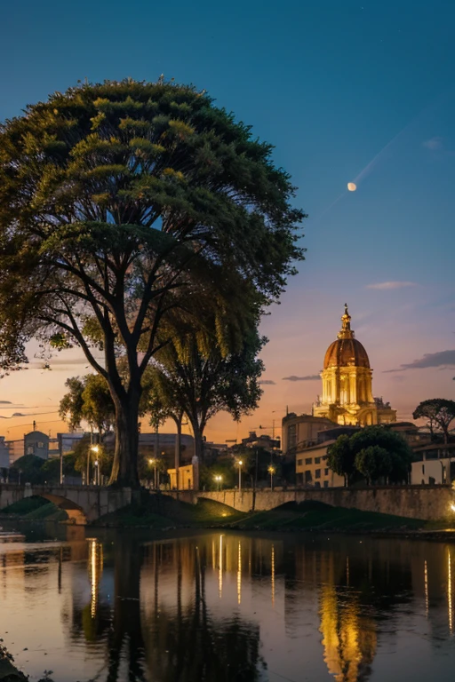 estilo roma, cidade rica, cidade grande, cores brilhantes, edificios prosperos, edificios brancos e dourados, grande arvore no horizonte, superficies reflexivas, 8k, global ilumination,