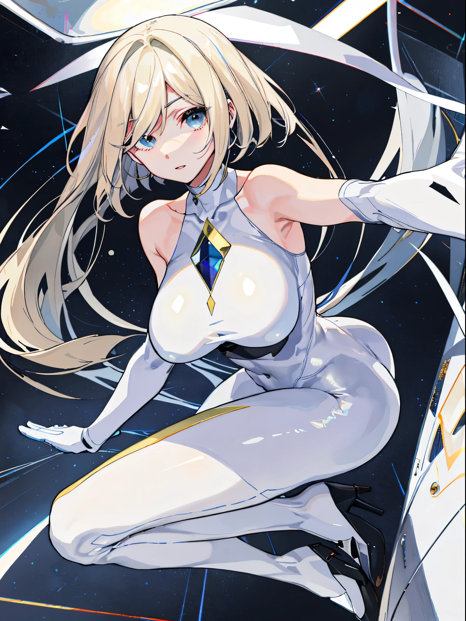top-quality、realistic touch,high-detail、photoRealstic、thin-waist、captive beauty、solid platinum-blonde eyelashes、platinum-blonde、full body Esbian、cheeks flushed、thin-waist、In a white room、She is in estrus、Sleeveless、Bodysuit with minimal fabric area、Colossal tits、big butts、camel toe、high-heels、Provocative facial expressions
