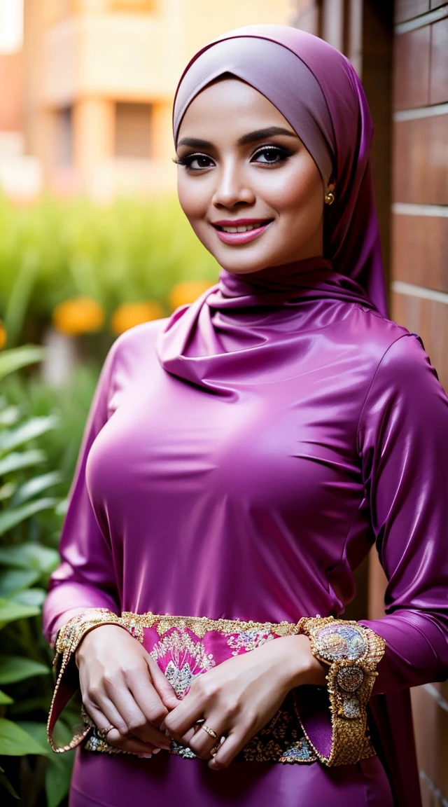 RAW, Best quality, high resolution, masterpiece: 1.3), beautiful Malay woman in hijab,Masterpiece, perfect  fit body, ((Huge breast)), biggorgeous eyes, Soft smile, slim waist, muslim woman in a plain long sleeve shirt and hijab posing for a picture, hijab, with lovely look, with beautiful colors, with accurate face, pose 4 of 1 6, traditional beauty, batik, wearing beautiful clothes, beutifull, with beautiful exotic, attractive pose, cute pose, scarf, wearing plain chiton, very attractive , she is smiling,Delicate turtleneck, necklace, shairband, afternoon walk, City garden, Excellent lighting, Bright colors, Clean lines