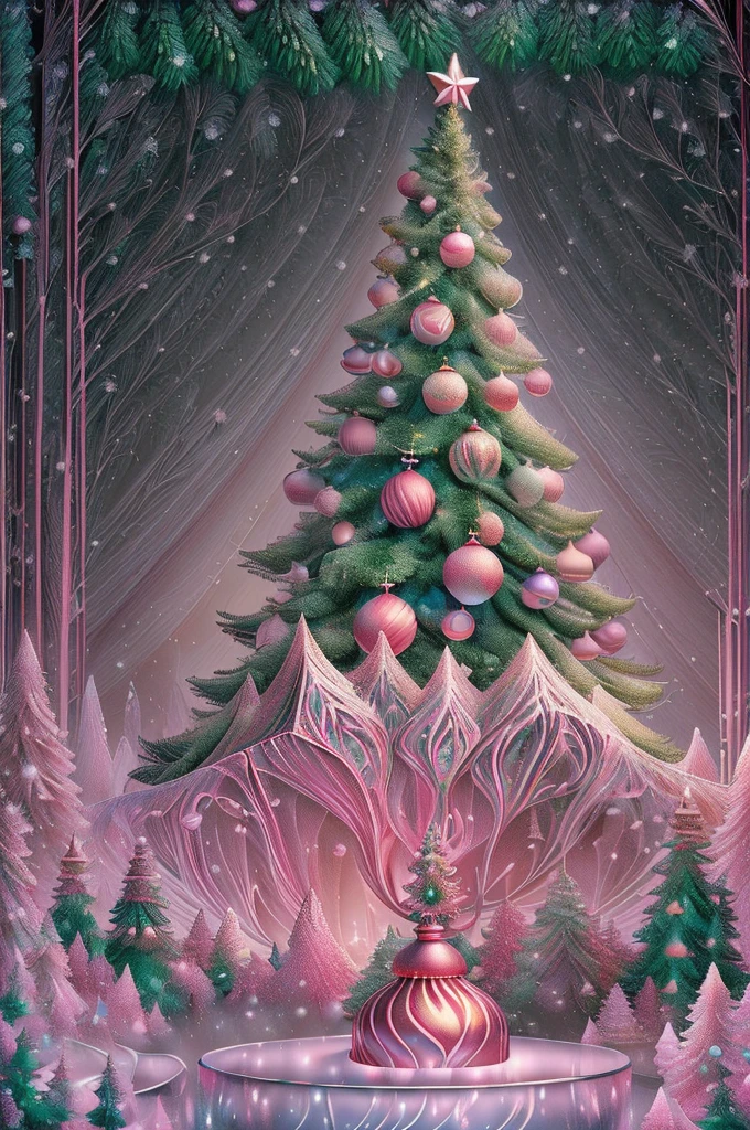 Christmas tree drawing, Christmas ball decorations, Beautiful landscape, vector art, many details, Refined sensuality, Realistic, hiquality, work of art, hyper-detailed, Professional, filigree, hyper realisitc, Professionally thought out details, Transparent, delicate pastel colors, Backlit, Contrast, Fantastic, Nature, Fabulous, unreal, translucent, Glowing, Clear lines