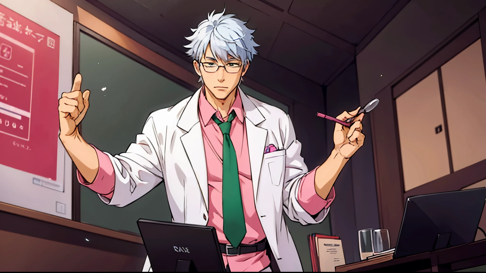 a teacher with a gray hair, he is wearing medical glasses, a lab coat, a green tie and a pink shirt