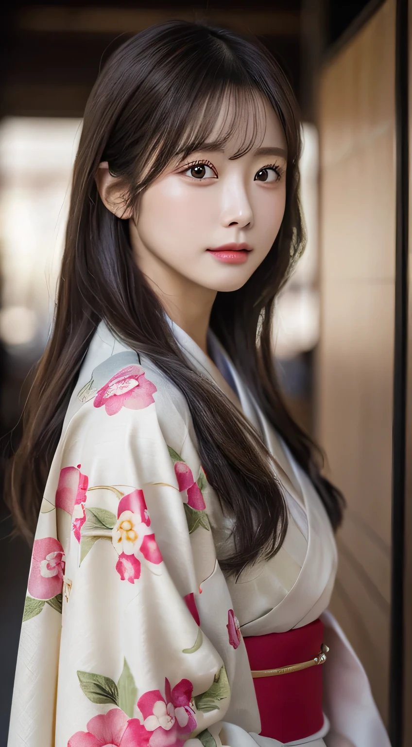 (Kimono,age19,no-makeup)、(top-quality,masterpiece:1.3,超A high resolution,),(ultra-detailliert,Caustics),(Photorealsitic:1.4,RAW shooting),Ultra-realistic capture,A highly detailed,high-definition16Kfor human skin、 Skin texture is natural、The skin looks healthy with an even tone、 Use natural light and color、 Anatomically correct、One Woman,japanes,,kawaii,A dark-haired,Middle hair,(depth of fields、chromatic abberation、Wide range of lighting、Natural Shading)