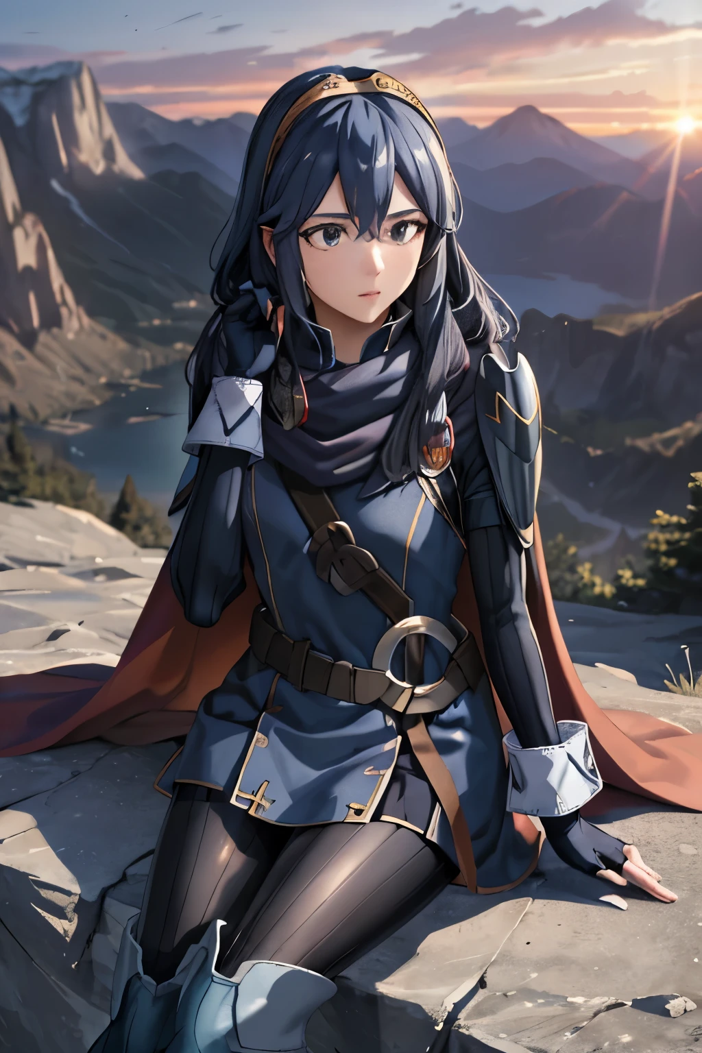 masterpiece, best quality,  defLucy, tiara, cape, blue scarf, blue coat, shoulder armor, long sleeves, cuffs, belt, fingerless gloves, black pantyhose, thigh boots, sitting, cliff, looking up, sky, rocks, mountains, sunset