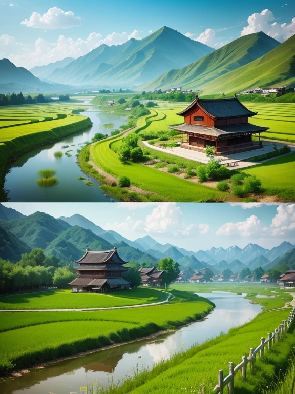 Chinese countryside scenery in spring，There are green mountains and green water，There is a two-story house，There are many willow trees around，There are blooming flowerull of life