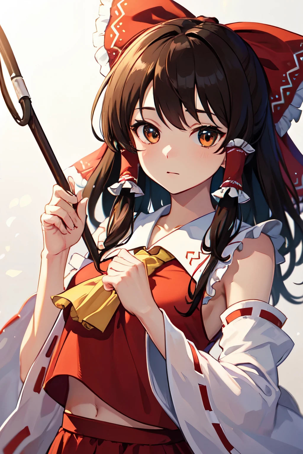 detailed background, masterpiece, best quality, 1girl, hakurei reimu, brown hair, hair tubes, hair ribbon, brown eyes, touhou project