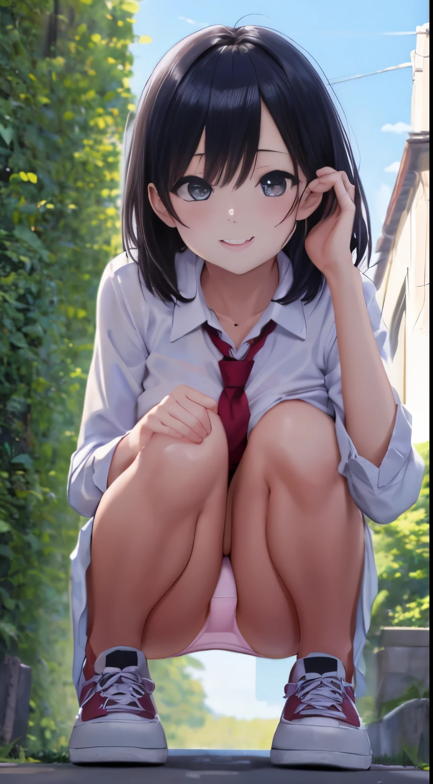Wearing sneakers、white panty、fulcolor、(masutepiece、 Best Quality:1.2)、hight resolution、high-level image quality、in 8K、Real live-action、Raw photo、top-quality、masterpiece、 Extremely delicate、High-definition raw color photos、Professional Photography、 Amazing face and eyes、超hight resolution、Raw photo、ren、Beautiful fece、Cute Beautiful Girl、(独奏:1.2)、 small tit、cute smile face、flat boobs、 School Uniforms、Look at viewers、crouching down、(Crouch Panty Shot:1.2)、Fully exposed panties、plein air、outside of house、piece sign