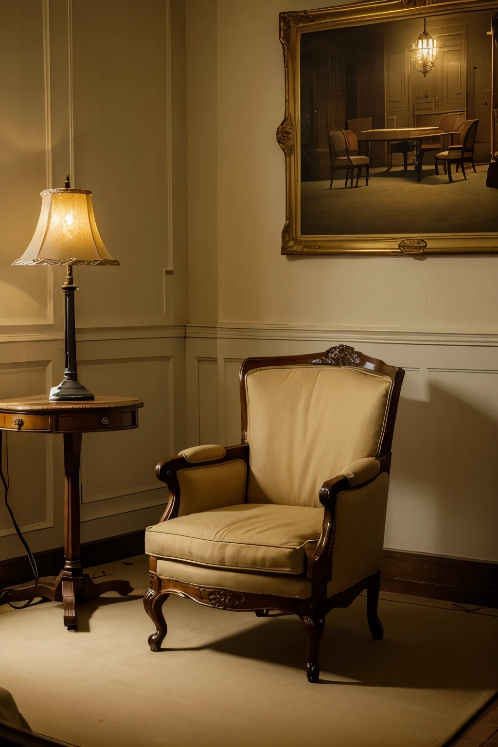 Old style armchair near the table in classical room. Indoor is non-intensive electric light and small lamp to read.