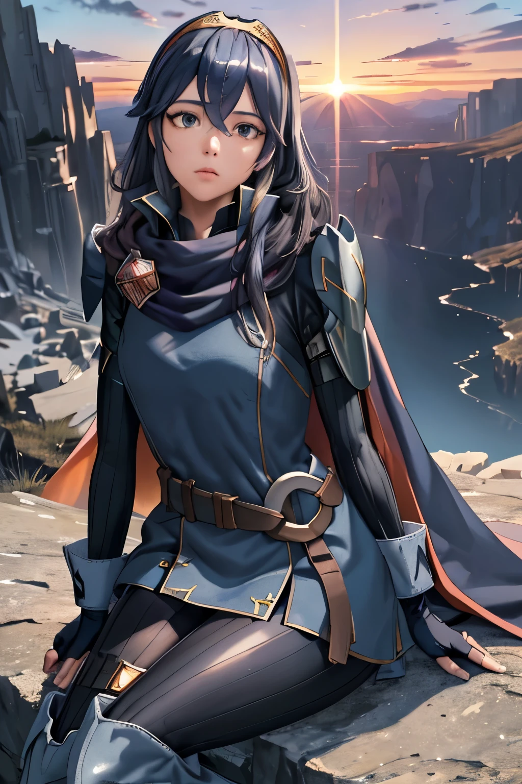 masterpiece, best quality,  defLucy, tiara, cape, blue scarf, blue coat, shoulder armor, long sleeves, cuffs, belt, fingerless gloves, black pantyhose, thigh boots, sitting, cliff, looking up, sky, rocks, mountains, sunset