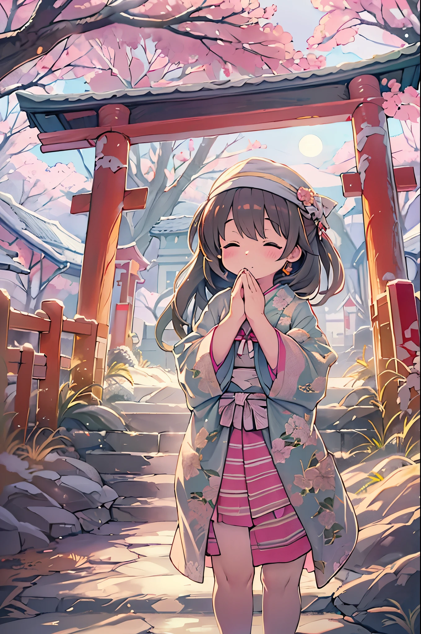 huge-breasted、kawaii、(Sunny Clothes)、torii gate、{{close up to face}}、eye closed、bbw、thick thight、big butts、Ultramammy, Winter days, Anime Background Art, japanese art style, beautiful anime scene,detailed scenery - width 672, Background art, Anime landscapes, Anime Background, Beautiful anime scenery, Beautiful peace scenes in anime, landscape artwork, Japan Village, Anime landscapesコンセプトアート, 8K))、New Year’s Day、1 moon、Pray、Praying to God with palms togethecing front、Praying, (own hands together:1.5)