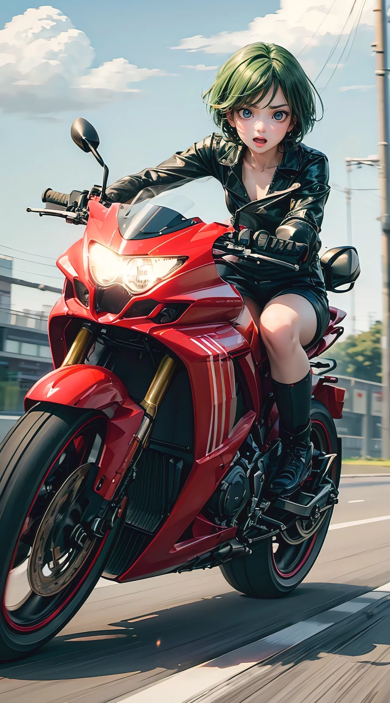 ((Masterpiece, top quality, high resolution)), ((extremely detailed CG unified 8K wallpaper)), (huge stunning goddess shot, very hot and sexy, jaw dropping beauty, perfect proportions, beautiful body, slim body beauty:1. 4), ((Close-up of Japanese high school girl on motorcycle)), wearing high school sailor uniform with red scarf, urban morning scene, (short skirt, long sleeve sailor suit, white socks), detailed skin, visible thighs, dynamic composition, speedy, Motion Blur, Blurred Background,