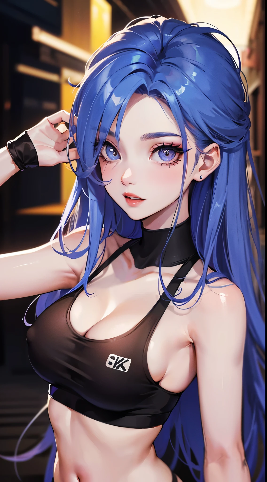 Jinx, Fleshy thighs, Instagram pose，Sports bra, Nipples, C cup, Happy expression, (entire body image:1.5), (8K, Best quality, A high resolution:1.35), (RAW photo:1.2), (Photorealsitic:1.37), (Masterpiece: 1.25), perspired: 0.2, Dramatic lighting, photon maping, Cyberpunk, symmetry, Complexity, Elegance, ((1 girl)), Large of breast, (Long eyelashes), detailed eyelashes, eye shadows, glowing eyes, Natural makeup, Clear facial features, curvy build, (Exposed cleavage), (Showing stomach), ((Fine detailed beautiful eyes: 1.2)), Bad girl, Erotic, Street background, Night City, ((Night)), show armpits