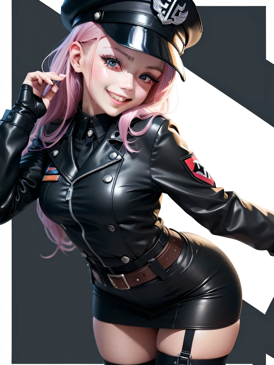 a cute girl, wearing a nazi black leather uniform, military hat, sadistic smile, in the style of the soft aurorapunk color palette, an anime illustration of her face, animated gifs, hand-drawn animation, charming sketches, soft and bright, hazy romanticism, superplane style, full figure, whte background 1:1--niji 5--expressive style