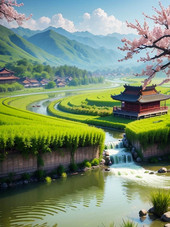 Chinese rural natural scenery in spring，There are green mountains and green water，There is a two-story Chinese-style building，There are many willow trees around，There are blooming flowerull of life