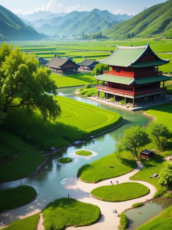 traditional chinese old village, waterfall, rice field