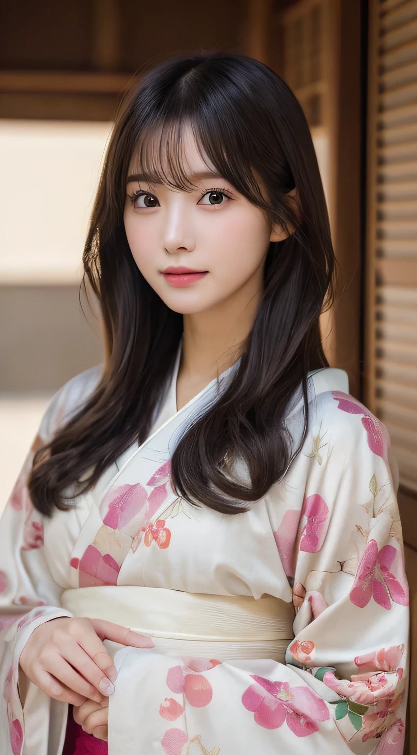 (Wear the kimono correctly,age19,no-makeup)、(top-quality,​masterpiece:1.3,超A high resolution,),(ultra-detailliert,Caustics),(Photorealsitic:1.4,RAW shooting),Ultra-realistic capture,A highly detailed,high-definition16Kfor human skin、 Skin texture is natural、The skin looks healthy with an even tone、 Use natural light and color、 Anatomically correct、One Woman,japanes,,kawaii,A dark-haired,Middle hair,(depth of fields、chromatic abberation、Wide range of lighting、Natural Shading)