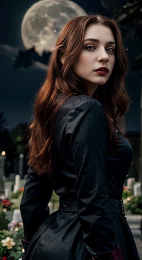 (best quality,ultra-detailed,photorealistic),young woman vampire,beautiful bright red eyes,detailed lips, green lipstick, pensive expression, soft lighting,vibrant colors, long flowing Reddish hair, stylish vampire outfit, cemetery background,colorful flowers, dark full moon night,serene atmosphere, hourglass figure, 4k details, erotic face,  full body pose,  shown vampire teeth