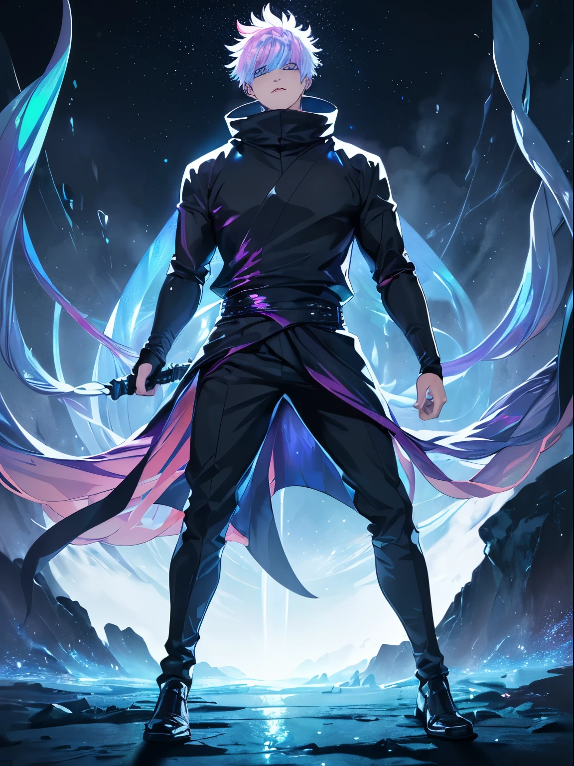 Satoru Gojo (Jujutsu Kaisen), Satoru Gojo using small red sphere power, 6 path eyes, glowing light blue eyes, full body, grandeur, Shibuya, (ultra-realistxtremely detailed 8k CG unit wallpaper}, expansive landscape photography, (a far angle view with focus on the character and setting), (wide open field view), (low angle shot), (high light: 1.3), (low light: 1.0), ( warm light source: 1.4), complex details, (iridescent colors: 1.6), (bright lighting), (atmospheric lighting), Dreamy, magical, badass, Jujutsu Kaisen