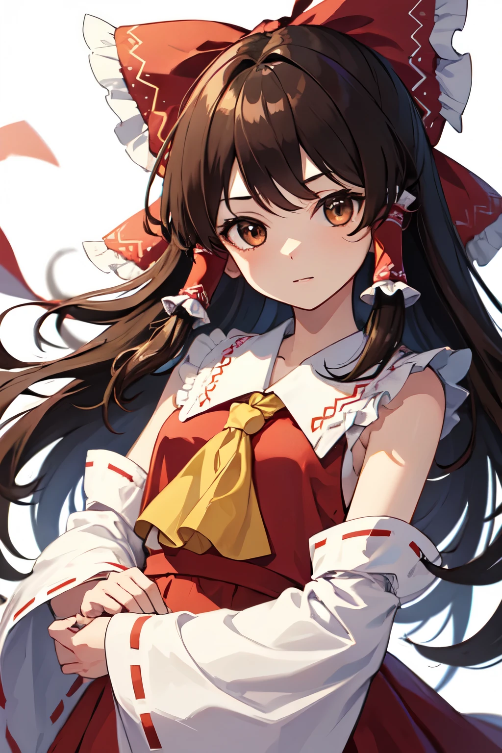 detailed background, masterpiece, best quality, 1girl, hakurei reimu, brown hair, hair tubes, hair ribbon, brown eyes, touhou project