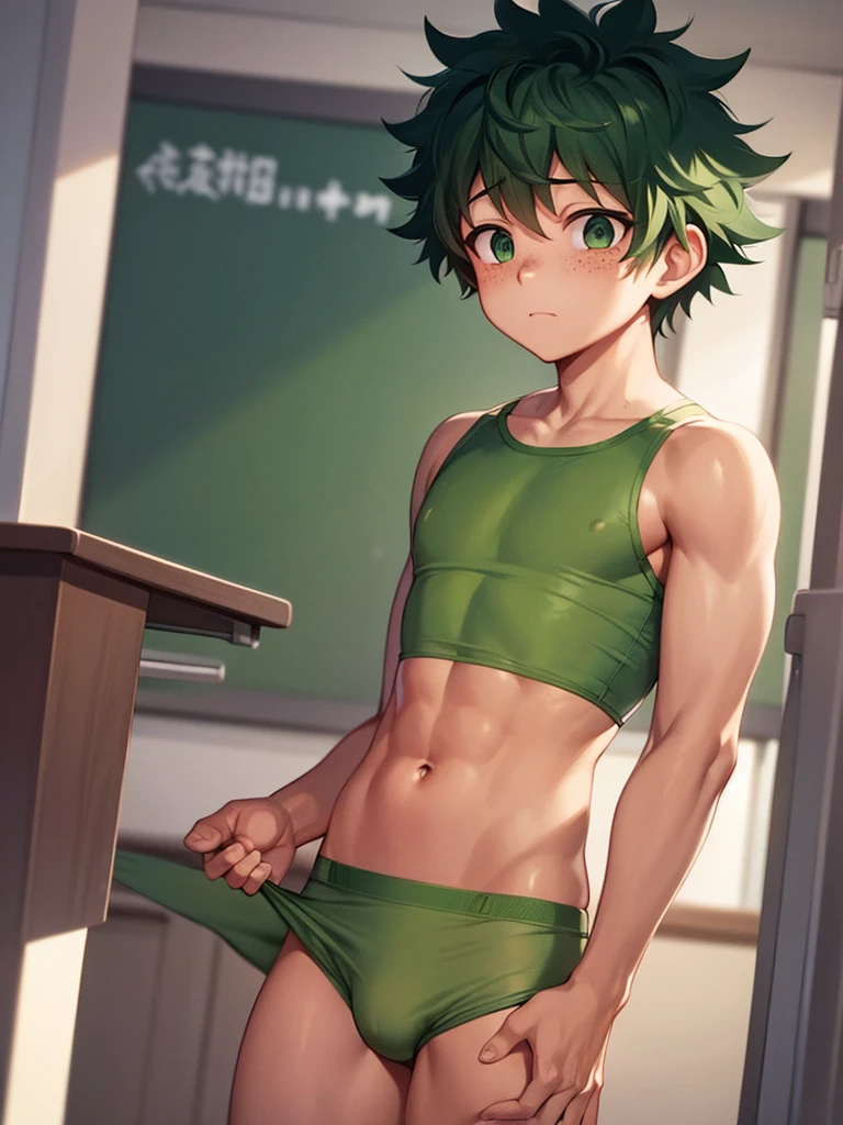 (best quality) izuku midoriya, one boy, green briefs underwear, in a classroom, looking embarrassed at the viewer, expressive eyes, freckles on his cheeks, realistic body, perfect body, muscular, skinny