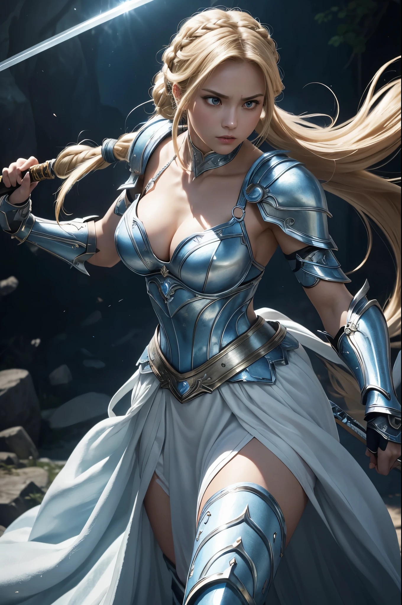 8K、of the highest quality、masutepiece、超A high resolution、(フォトreallistic:1.4)、1 female brave、超A high resolution、(フォトreallistic:1.4)、female hero with a sword、20-year-old female hero,Super beauty(Like the real thing)poneyTail、blonde braided hair、Gorgeous blue and white very small chest armor,gorgeous blue and white shoulder armor,luxurious white waist armor,gorgeous blue and white long skirt,gorgeous blue and white gauntlet, Luxury white and blue leg armor、shining muscles、In a dark cave、Sharp eyes, deadpan,beautiful background,Ultra-high resolution,super realistic muscle,Beautiful expression,Fantasyart,reallistic,super detailing,ultra -detail,character art,Glaring at the viewer,Holding a big sword,action scene,Battle scenery,Fighting attitude,actionpose,cleavage of the breast,
