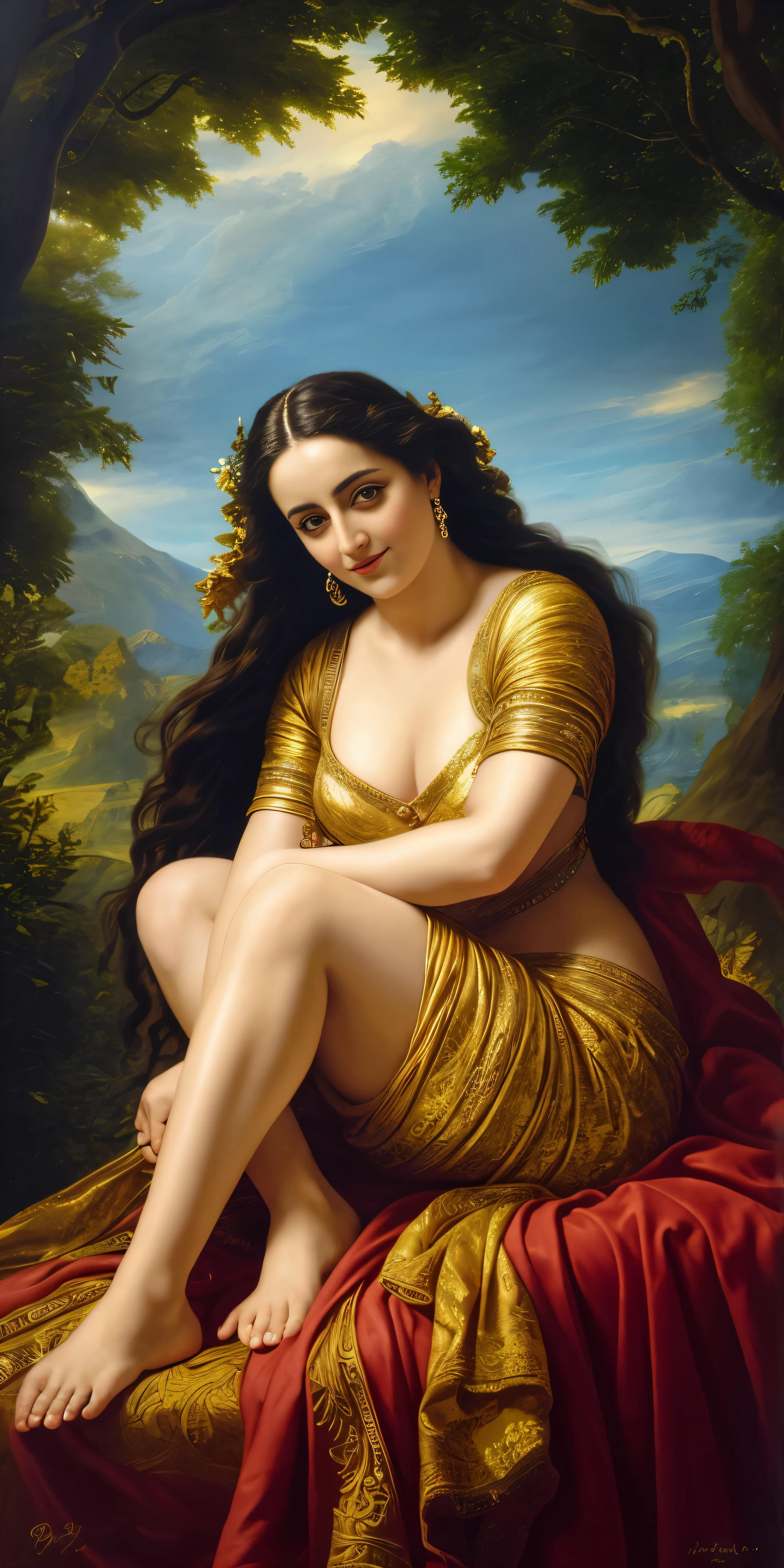 Looks like Anushka Shetty, Masterpiece, Best quality, high clarity eyes, beautifully styled hair, critically flawless,sharp picture, Full portrait, High pixels, perfect face, perfect eyes, beautiful face, perfect hands,perfect fingers, in Peter Paul Rubens style, by Peter Paul Rubens, baroque style, acrylic on canvas, highly detailed, description: "Create a nymph inspired by the tales of Greek or Roman mythology, embodying the essence of a natural element or location, and possessing a unique ability or trait that sets her apart."