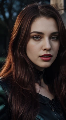 (best quality,ultra-detailed,photorealistic),young woman vampire,beautiful bright red eyes, detailed lips, green lipstick, pensive expression, soft lighting,vibrant colors, long flowing Reddish hair, stylish vampire outfit, cemetery background, dark night,serene atmosphere, hourglass figure, 4k details, erotic face,  full body pose,  shown vampire teeth