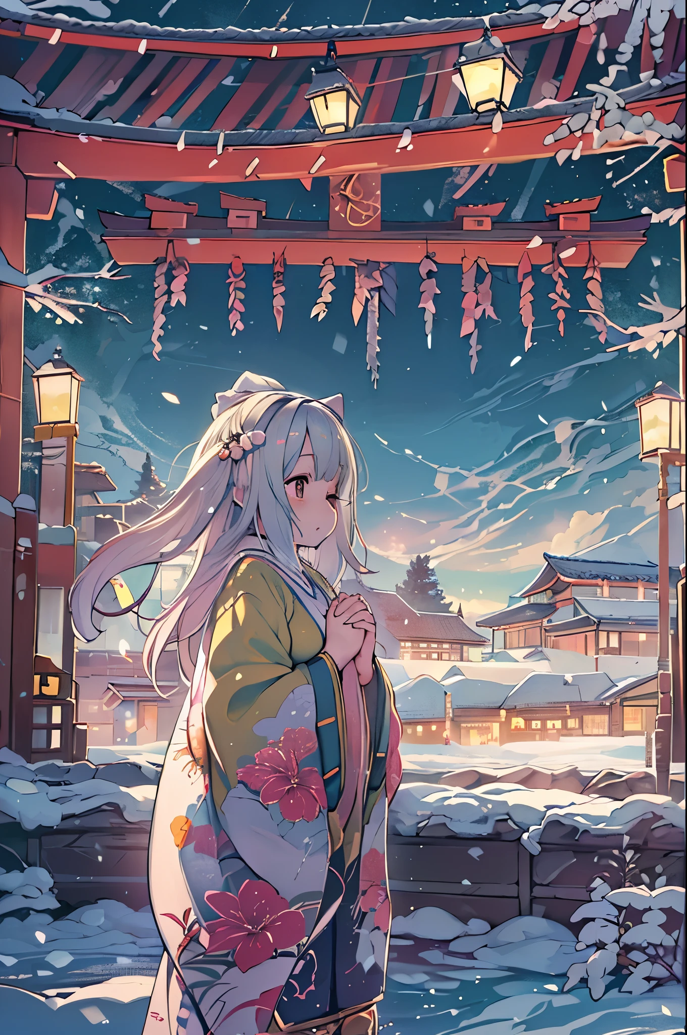 huge-breasted、kawaii、(Sunny Clothes)、torii gate、{{close up to face}}、eye closed、bbw、thick thight、big butts、Ultramammy, Winter days, Anime Background Art, japanese art style, beautiful anime scene,detailed scenery - width 672, Background art, Anime landscapes, Anime Background, Beautiful anime scenery, Beautiful peace scenes in anime, landscape artwork, Japan Village, Anime landscapesコンセプトアート, 8K))、New Year’s Day、1 moon、Pray、Praying to God with palms togethecing front、Praying, (own hands together:1.5)