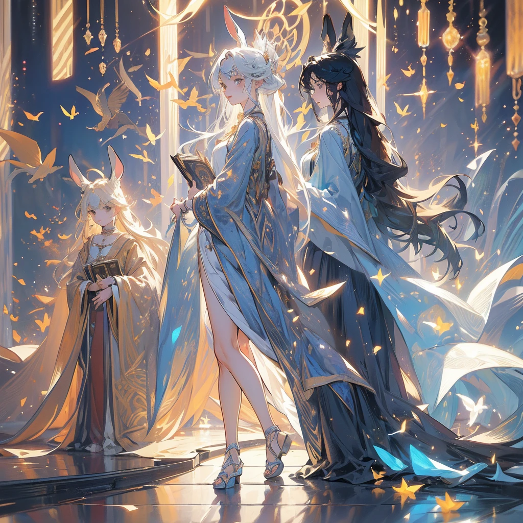 master piece, High-quality, High-resolution, Realistic Anime Style, Chaotic Main Color, Top-down Camera Angle, Full-body Subject Range, Looking back angle, Front-facing Subject Orientation, (rabbit ears and tail), Mysterious elf Girl Standing in a Chaotic Background, Ethereal Lighting, Strange creatures as Sub Subjects, Still Pose, Beautiful Facial Features, Wonderous Smile Expression, Long Straight Hair, platinum Hair Color, Casual Fantasy Outfit, Large Eyes, Small Mouth, Light Blue Eye Color, Smooth Skin Texture, Exposed Skin with Sleeveless Top, Moderate Bust Size, Young Age, Slim Body Type, Subtly Alluring, Shell Necklace as an Accessory, Holding a magic book, Wearing Sandals, Flower Embroidery, Surrounding Colorful Rabbit Mascot and little Birds, Mysterious Space Location, Cluttered and Mysterious Objects Overflowing in the Background, Softly Glowing Lights as Background Effects, Unknown Structures in the Background, Flying Petals and Enchanting Plants as Natural Elements, Clear Weather, Daytime Atmosphere, (Labyrinth Suite, Final Fantasy, Love Plus, labyrinth suite, awake inheritance, Enchanted Legend:1.2), (Drawings are rich and delicate:1.3)