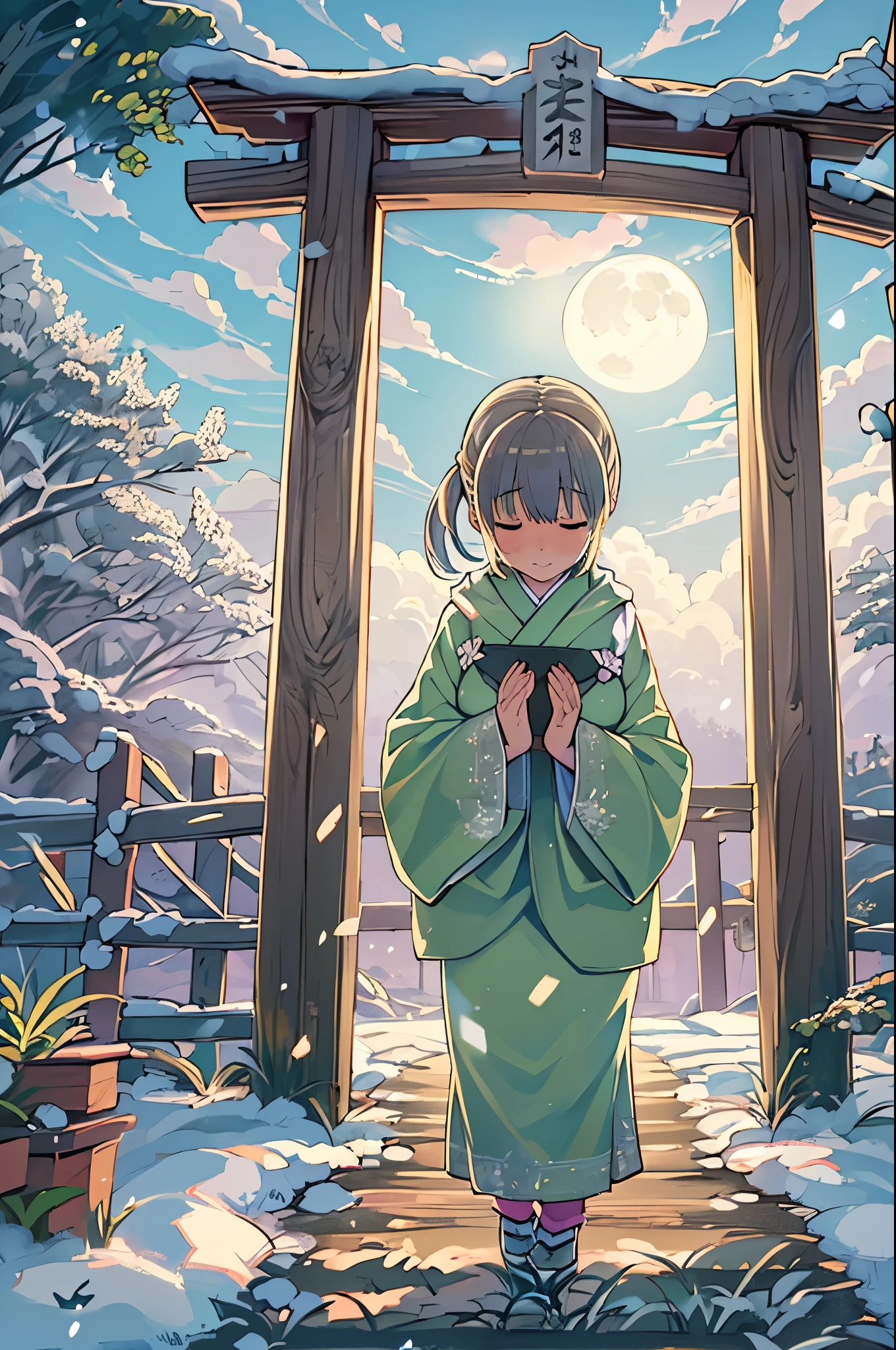 huge-breasted、kawaii、(Sunny Clothes)、torii gate、{{close up to face}}、eye closed、bbw、thick thight、big butts、Ultramammy, Winter days, Anime Background Art, japanese art style, beautiful anime scene,detailed scenery - width 672, Background art, Anime landscapes, Anime Background, Beautiful anime scenery, Beautiful peace scenes in anime, landscape artwork, Japan Village, Anime landscapesコンセプトアート, 8K))、New Year’s Day、1 moon、Pray、Praying to God with palms togethecing front、Praying, (own hands together:1.5)