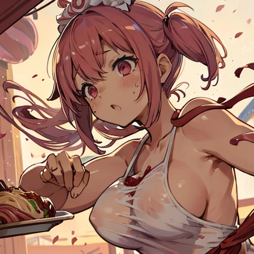 Half-naked pastry chef covered in running strawberry parfait ramen、Severely torn clothes are scattered、Cocoa powder sandstorm with unstable buoyancy、Amazing dynamism、Amazing Angle