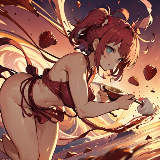 Half-naked pastry chef covered in running strawberry parfait ramen、Severely torn clothes are scattered、Cocoa powder sandstorm with unstable buoyancy、Amazing dynamism、Amazing Angle