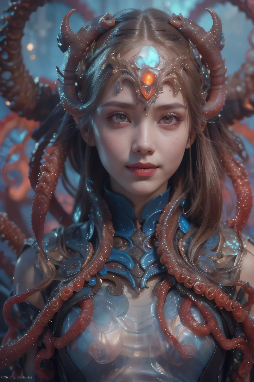 Portrait, (beautiful female alien:1.2), (she has red eyes with no pupils:1.8), (Translucent skin:1.7), (There is a female genital-like organ in the middle of the forehead:1.9), (The most beautiful face in the history of the universe:1.2),an evil gaze that seduces, (large mouth:1.1), (sharp teeth like a vampire:1.2), Full body like, (bio luminescent:1.5), (Smile wickedly:1.3), (sexypose:1.5), alien, No humans, cells are fused, (Lots of translucent tentacles:1.3) extraterrestrial, cell, bio image, Best Quality, 8K,4K_quality, High Definition, Dramatic Lighting, masutepiece:1.5,cinematic quality, detail up, (Intricate details:1.2), High resolution, High Definition, drawing faithfully, (Thick eyebrows:1.2), Beautiful eyes with fine symmetry,(Highly detailed face and eyes:1.2), Intimate face, (Super detailed skin quality feeling:1.4), Perfect Anatomy, (Beautiful toned body:1.5), (Moist skin:1.2), No makeup, (dark circles:1.1), long canines, cinematic drawing of characters, ultra high quality model, cinematic quality, detail up, (Intricate details:1.2), High resolution, High Definition, drawing faithfully, Official art, Unity 8K wall , 8K Portrait, Best Quality, Very High resolution, ultra detailed artistic photography, midnight aura, unreal enginee 5, Ultra Sharp Focus, art by alberto seveso, ArtGerm, Roisch, intricate artwork, best quality, masutepiece, ultra High resolution, (photos realistic:1.4), Ultra-realistic realism, dream-like, nautilus, Creation of fantasy, Snail, Dream Snail, biopunk nautilus, Thrilling color schemes, Ultra-realistic realism, seductively smiling, Blue tentacles,